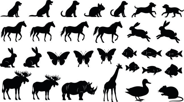 Animal Silhouettes Set Dogs Horses Rabbits Fish Birds Wildlife Collection