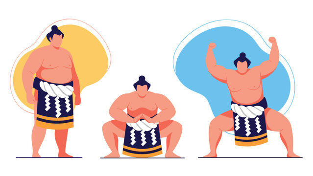 Set of three sumo wrestlers in traditional attire performing various ceremonial and combat stances against colorful shapes.