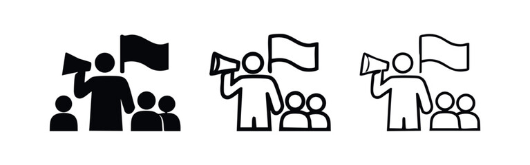 Protest and demonstration icon set with megaphone and flag. Public speech and activism symbols. © liubomir118809