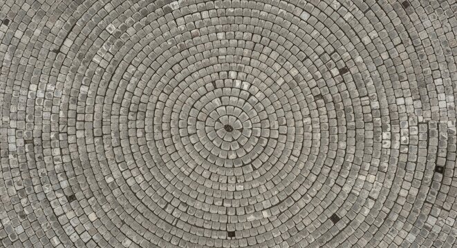 A circular cobblestone pathway forms a radial pattern. The stones are gray and weathered, creating a textured surface.