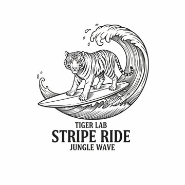 Tiger surfing on a wave board.