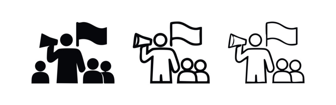 Protest and demonstration icon set with megaphone and flag. Public speech and activism symbols.