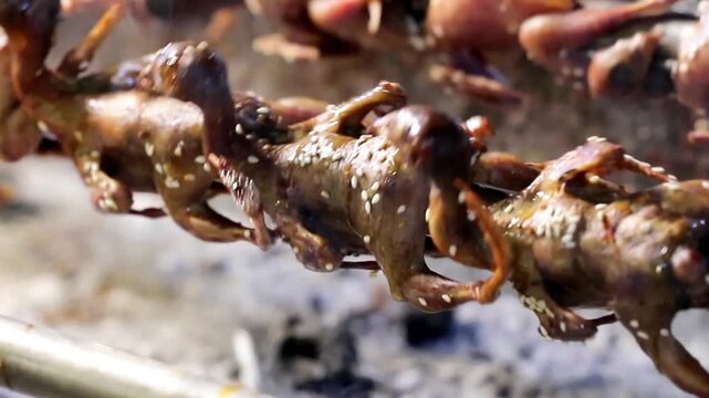 Authentic Thai street food scene with quails roasting on skewers above glowing charcoal, capturing slow cooking motion, smoke, and rich textures of night market cuisine.