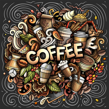 Coffee doodle collage of takeaway cups, beans, desserts and leaves in 3D chalk style on dark blackboard, decorative cartoon cafe background