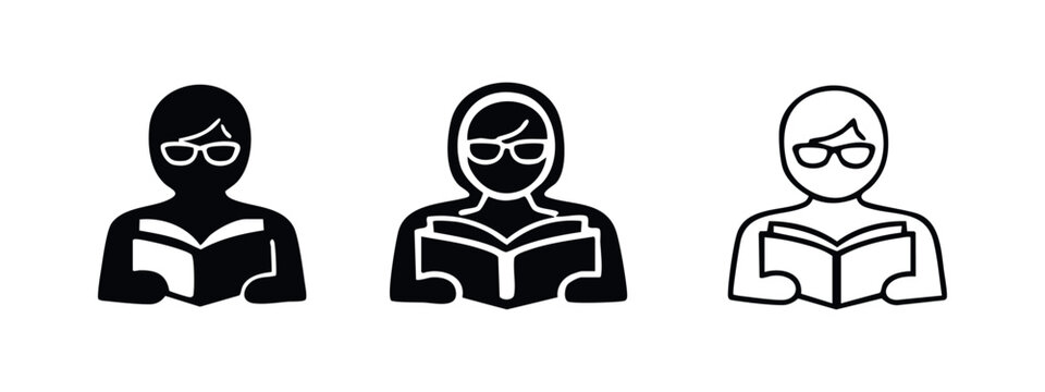 Person reading a book icon set. Student or reader avatar symbol in three styles on white background.