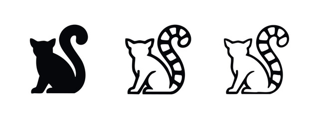 Stylized cat or ring-tailed lemur icons with striped tails in solid and outline styles. © liubomir118809