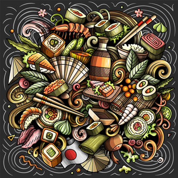 Japanese Food chalkborad vector illustration with rolls, nigiri, sashimi, fish, rice, chopsticks, soy sauce and Japanese cuisine elements. 