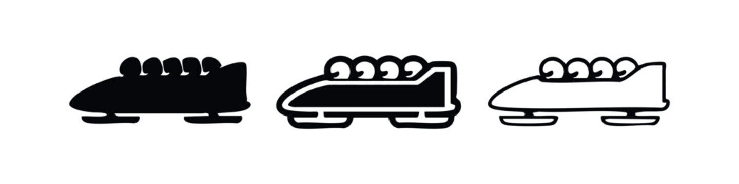 Five-person bobsled or bobsleigh team sport icons in solid and outline styles.