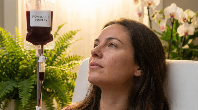 A woman receives an iron infusion from a drip labeled Iron Boost Complex, illustrating anemia treatment, nutrient therapy, medical recovery, and restorative healthcare in a calm clinical setting.