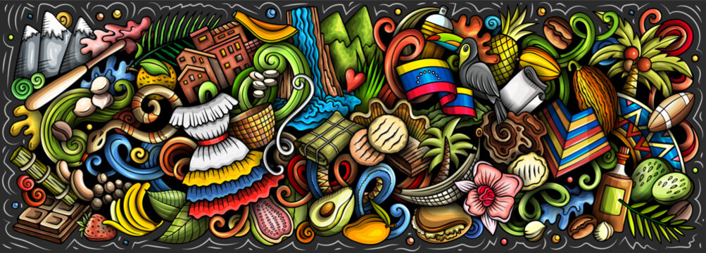 Colorful cartoon doodle vector illustration of Venezuela with cultural icons, nature, food, national clothing, and tropical elements. Funny Venezuelan whimsical banner design