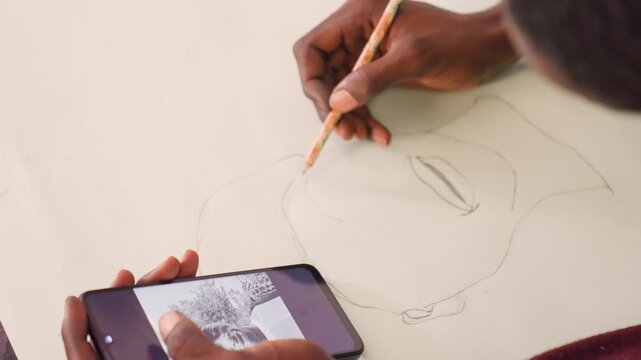 Black man practicing portrait lines with phone guide. Hands hold phone showing grayscale reference while pencil traces facial contours on paper, classroom vibe, patient study session with precise
