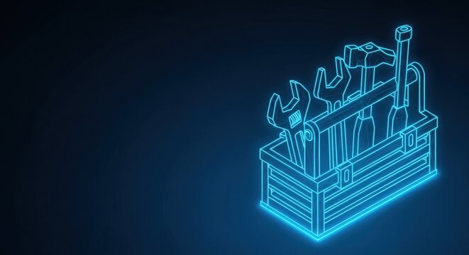 Neon outline of a toolbox filled with wrenches, isolated on a dark background