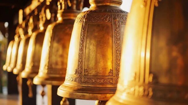 Golden bells with intricate designs in a row at a temple