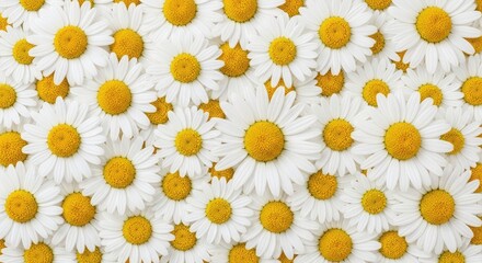 Fototapeta premium A dense pattern of white daisies with yellow centers covers the entire image. The flowers are tightly packed, creating a textured and cheerful design.
