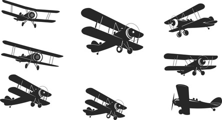 Vintage biplane aircraft silhouettes collection isolated on white background, retro aviation airplane set for transport design and historical illustration use © Jannatun