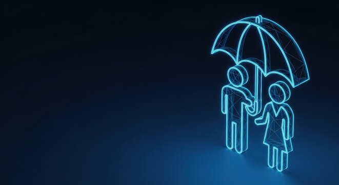 Neon Blue Silhouette of a Person Holding an Umbrella for Protection and Security