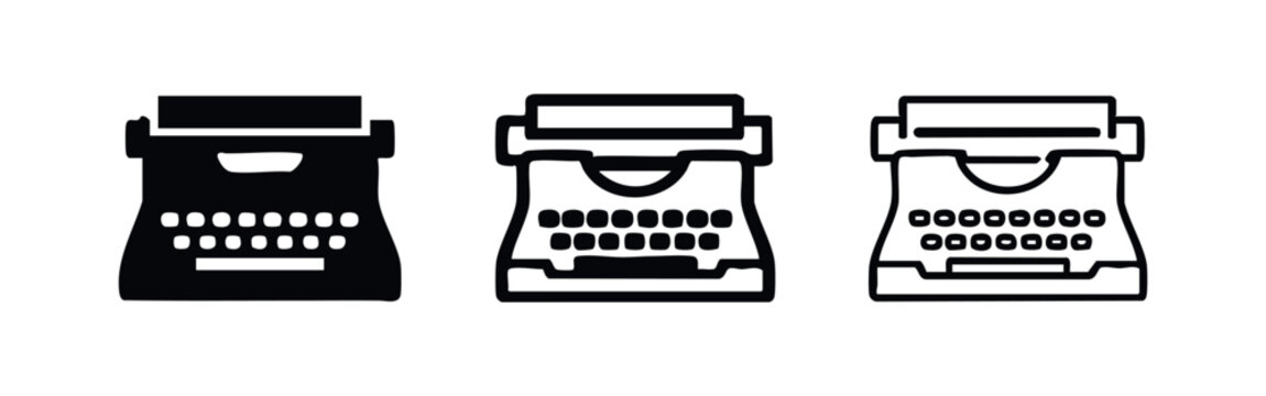 Classic Typewriter Machine Icons Set. Retro Desktop Writing Device Symbol in Solid, Outline, and Hand-Drawn Styles.
