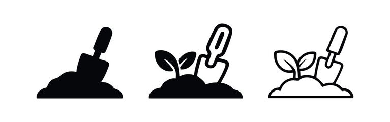 Planting seedling with garden trowel icon set. © liubomir118809
