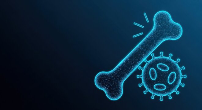 Digital illustration of a virus attacking a human bone, symbolizing bone infection and disease