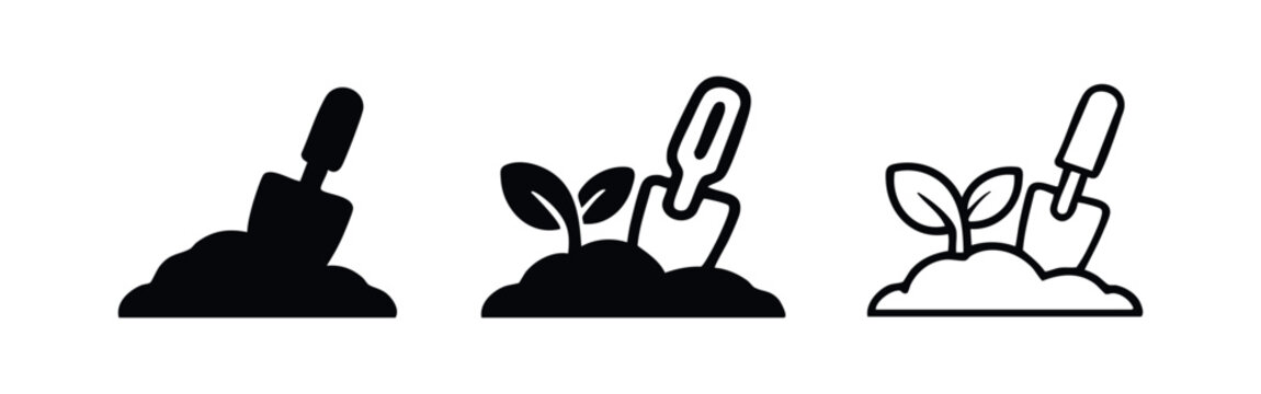 Planting seedling with garden trowel icon set.