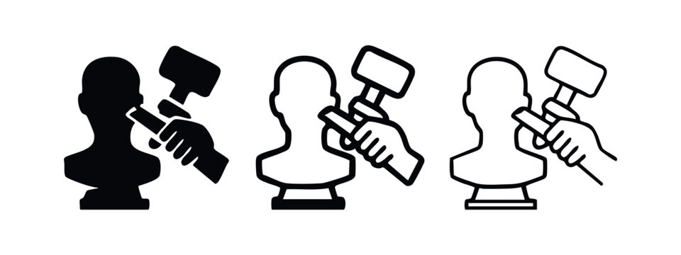 Sculpting a bust with chisel and mallet icon set.
