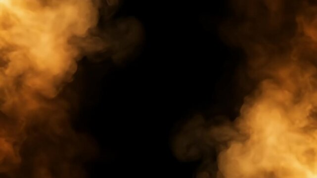 Fiery orange smoke cloud frame on dark black background