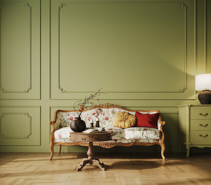 Classic interior design. Baroque sofa and empty green wall background. 3D Rendering, 3D Illustration