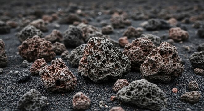 Porous vesicular rock fragments scattered across volcanic terrain, showcasing unique geological formations.