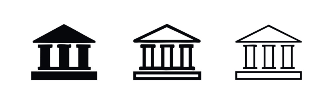 Classic bank, government building or museum icon set in three different styles.