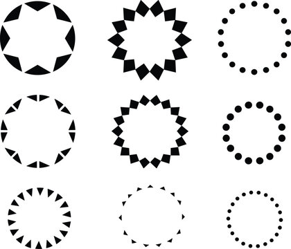 Set of geometric circular frames with black silhouette dotted borders and triangle diamond round ornaments isolated on white background for design,