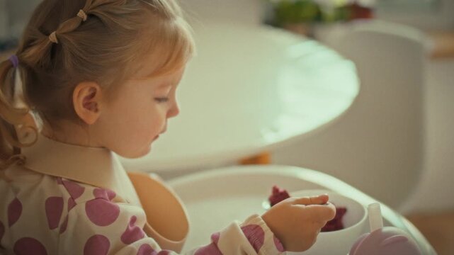 In bright kitchen corner, little girl sits in highchair, eating independently while a soft silicone bib apron shields her clothes, highlighting a child-friendly feeding setup that keeps mealtime tidy