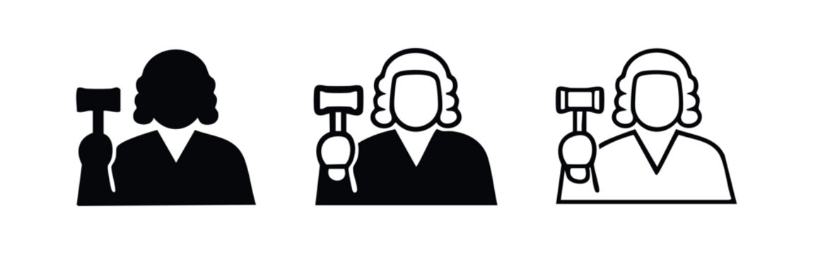 Judge icon set with traditional wig and gavel in hand.