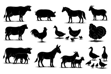 Fototapeta premium Silhouette farm animals collection: cow, pig, horse, goat, donkey, chicken, turkey.