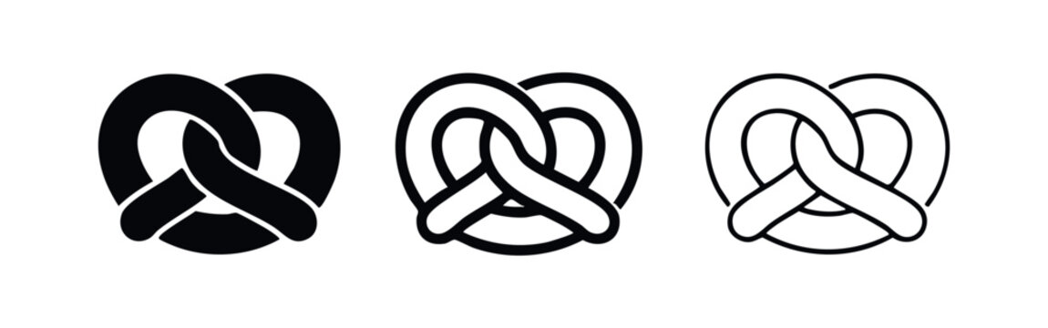 Simple Pretzel Icons Set - Classic Baked Snack Symbol in Solid and Outline Styles