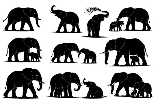 Silhouettes of african elephant families in various poses and interactions.