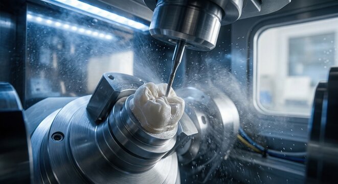 Dental milling machine carving tooth crown from ceramic block. Modern dentistry technology concept representing CAD CAM, precision manufacturing and digital dental lab