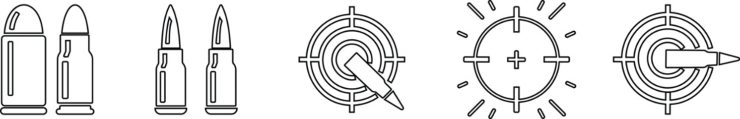 Bullet ammunition target crosshair icon set collection group in black flat and line style vector illustration, shooting aim reticle cartridge symbol pack minimal outline design bundle