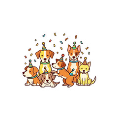 Fototapeta premium A group of adorable puppies wearing party hats and celebrating with confetti.