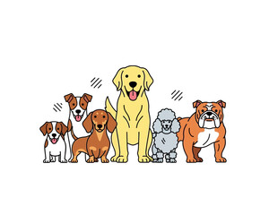 Fototapeta premium A diverse group of cartoon dogs of various breeds and sizes standing together, showcasing different personalities and appearances.