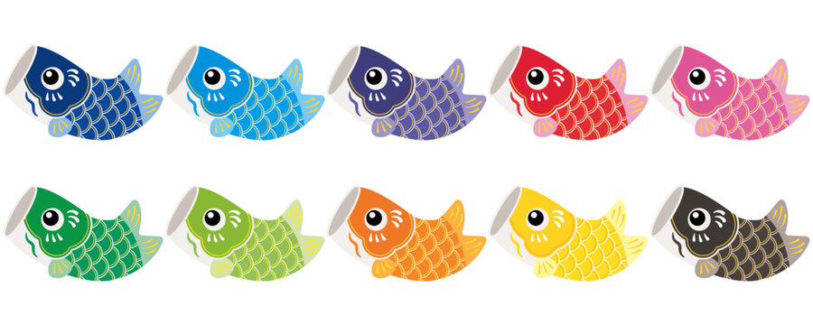 跳ねるかわいい鯉のぼり10色セットのイラスト