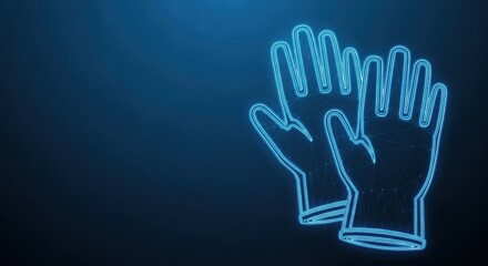 Fototapeta premium Neon blue outline of protective gloves glowing against a dark digital background, symbolizing safety and hygiene