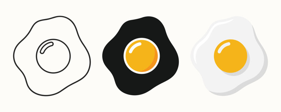 Fried egg vector icon set, outline silhouette and flat color sunny side up breakfast food