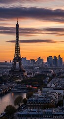 Obraz premium Parisian Sunset - Eiffel Tower and Cityscape at Dusk.