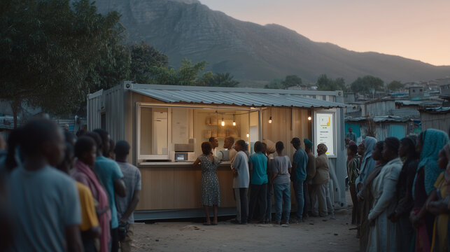 Wide establishing shot of underprivileged neighborhood with mobile banking kiosk serving long line of residents under makeshift canopy, financial access bridging socioeconomic gaps, ideal for inclus