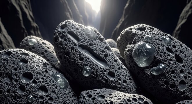 Close up view of porous lunar basaltic rock fragments with water droplets in a rocky canyon setting