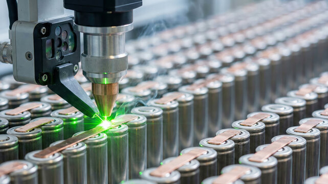 Robotic arm laser welding cylindrical lithium-ion batteries on a production line, symbolizing advanced manufacturing, sustainable energy, and electric vehicle technology development.