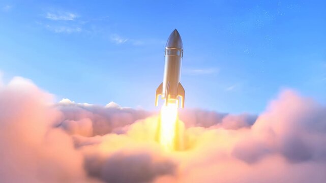 Rocket launching into the sky through clouds. Represents innovation, exploration, and the future of space travel