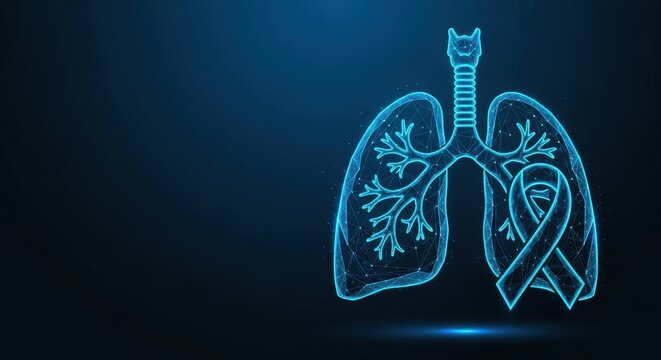 Anatomical Illustration of Human Lungs and Trachea in Blue Wireframe Digital Art