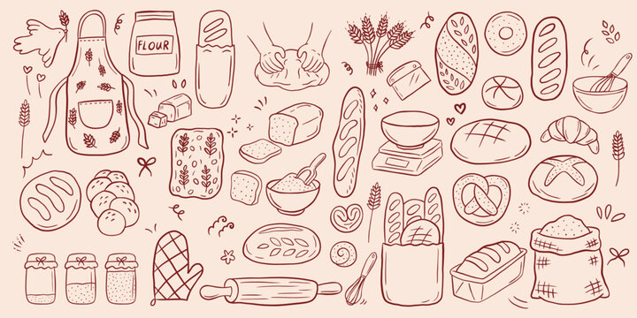 Hand drawn bakery doodles bread, croissants, flour sacks, apron, rolling pin, and sourdough jars in a rustic line art style.