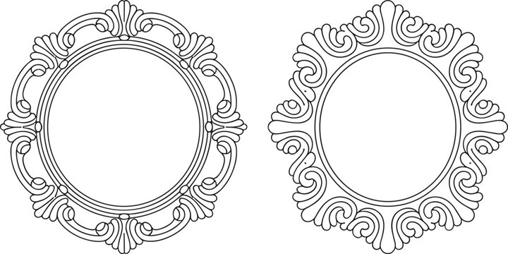 Set of luxury vintage circular line art frames with baroque style ornamental borders and filigree swirl designs isolated on white background